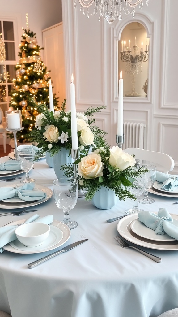 Christmas table setting with light blue decorations, white dinnerware, and greenery centerpieces.